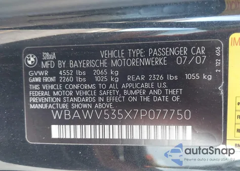 2007 BMW 328Xi из США, поврежденный, VIN WBAWV535X7P077750